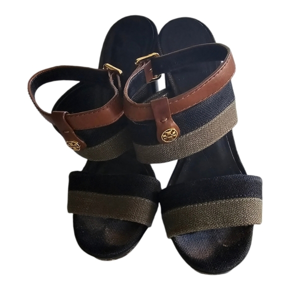 Tory Burch Heel Women 6M Black Brown Green Gold Logo Ankle Strap Luxury - Picture 1 of 15